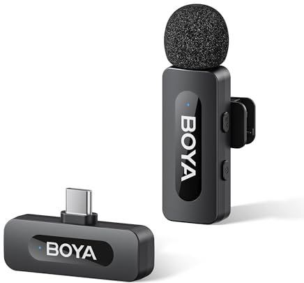 BOYA BY-V10 - Microfono senza fili per iPhone 15/16, Android, 48 KHz/16 bit, 9 batteria, cancellazione del rumore, microfono con cavo USB C, microfono a clip a 360° per registrazione video