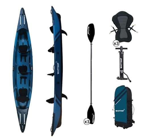 Wattsup - Aufblasbares Kajak – Serie Torpedo 3-Sitzer – 476 x 80 cm (15'6 x 31 Zoll) – 100% Hochdruck/Dropstitch – Komplettpaket: Doppelsitzpaddel, Pumpe, Transporttasche – bis zu 235 kg – Blau