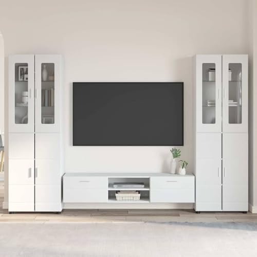 Massbinet Wohnwand Anbauwand mit Stauraumvitrine Moderne Wohnzimmermöbel Wandschrank Möbel Wohnzimmer TV-Schrankset mit Schubladen Hochglanz Weiß Holzwerkstoff