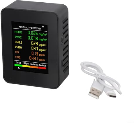 Multifunktionaler Luftmonitor 6 in 1 mit Sensoren für PM2 5 PM10 TVOC und Temperaturanzeige mit Sound und USB-Aufladung (schwarz)