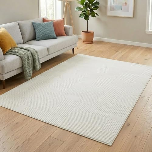 carpet city Kurzflor Teppich Creme 160x230 cm - Wohnzimmer-Teppiche Hochtief-Muster, 3D-Effekt - Streifen-Muster - Flachflor Bettvorleger Schlafzimmer, Esszimmerteppich