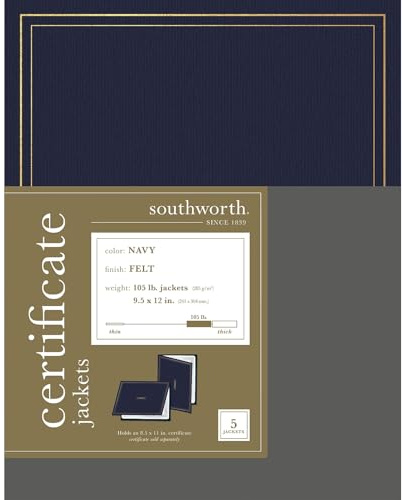 Southworth Foil Enhanced Certificate Holder, 9.5” x 12”, 105 lb/285 GSM, Navy, Felt Finish, 5 Count - Packaging May Vary (PF6)