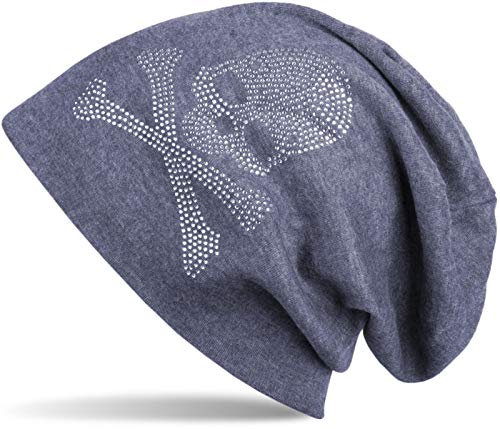 styleBREAKER Klassische Beanie Mütze mit Totenkopf Strass Applikation, Unisex 04024034, Farbe:Jeansblau meliert, Materialart:warm