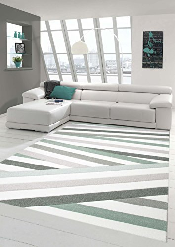 Traum Designer Teppich Moderner Teppich Wohnzimmer Teppich Kurzflor Teppich mit Konturenschnitt Gestreift Pastellfarben Grün Creme Beige Größe 80x150 cm