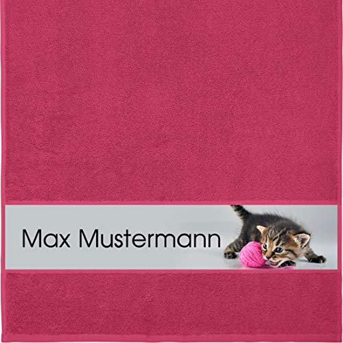 Manutextur Handtuch mit Namen - personalisiert - Motiv Tiere - Katze - viele Farben & Motive - Dusch-Handtuch - Fuchsia - Größe 50x100 cm - persönliches Geschenk mit Wunsch-Motiv und Wunsch-Name