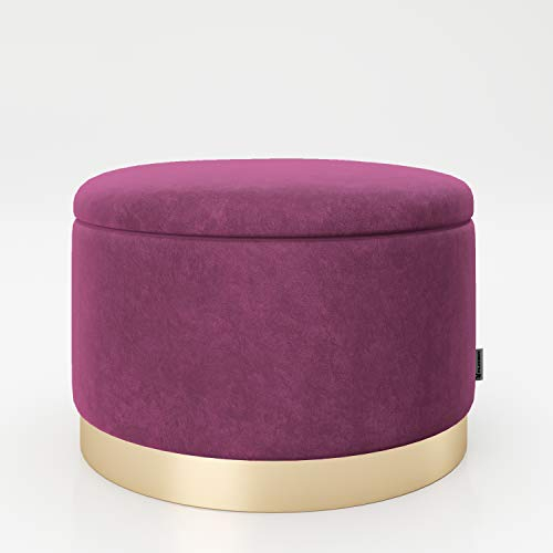 PLAYBOY runder Pouf mit Stauraum aus Samtstoff in Lila und goldenem Metallfuss, gepolsteter Sitzhocker mit Samtbezug, Sitz-und Aufbewahrungsbox aus Samt, Hocker, Retro-Design, Club-Stil