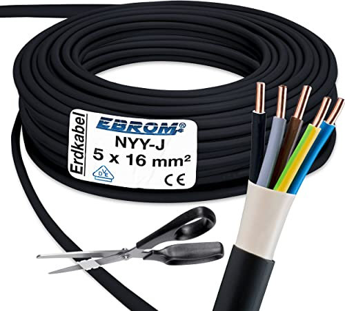 NYY-J Earth Cable 5 x 16 mm² (mm²) Sold by the Metre – High Power Cable – PVC Earth Cable Black – Choice in 1 Metre Steps – Many Lengths from 1 Metre