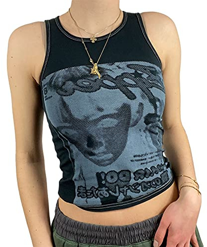 Women Y2k 90s Portrait Print Crop Top Sleeveless Face Graphic Tie Dye Tank Top E Girl Aesthetic Tee Streetwear (Black Sleeveless II, Large)