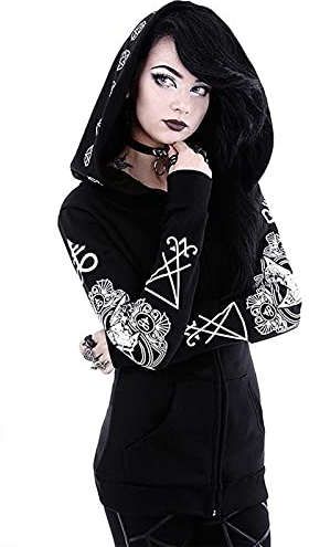 Graceyo Damen Gothic Punk Kapuzenpullover Vintage Retro Schwarz Kapuzenjacke Hoodie Sweatshirt Jacke Mantel Kapuzen Sweatjacke Pulli Streetwear Party Freizeit Kleidung Bluse Tops Outwear