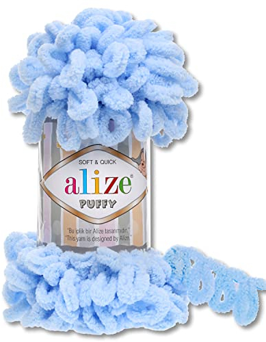 Alize 100 g Puffy Wolle in 62 Auswahl Schlaufenwolle Stricken und Häkeln ohne Hilfsmittel (183 | Hellblau)