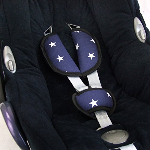 BAMBINIWELT Gurtpolster Set universal für Babyschale Autositz kompatibel z.B. mit Maxi Cosi Cybex aus Baumwolle (marine weiße Sterne)