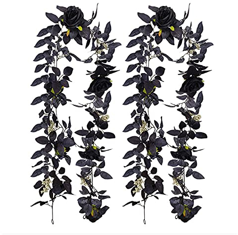 Fofetbfo 2 Stück 180 cm Halloween Rose Girlande, künstliche Schwarze Rose Girlande mit schwarzen Blättern und goldenen Beeren, künstliche Rose Ranke hängende Blumengirlande für Thanksgiving Dekor