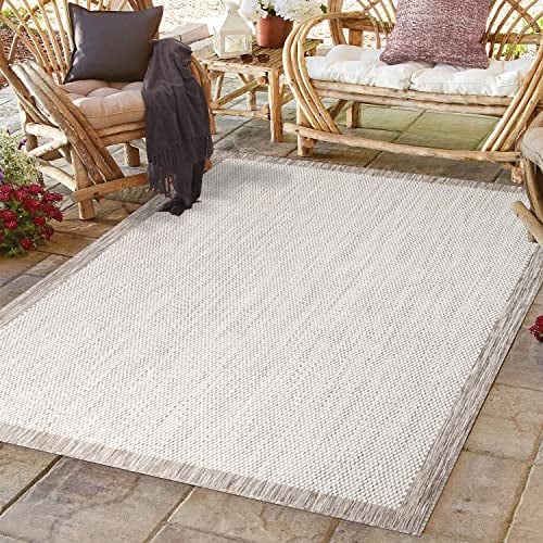 payé Outdoor Teppich Wetterfest - 200x290cm - Beige Weiß - Bordüre - Teppiche für Terrasse Balkon Garten Indoor