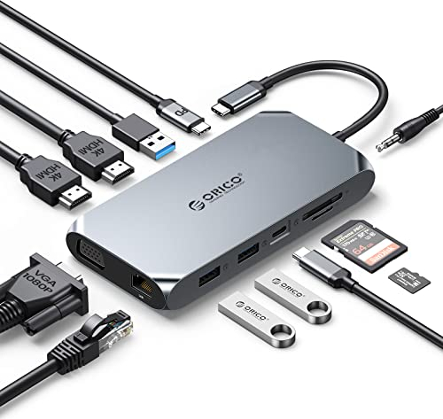 USB C Docking Station, ORICO 12 in 1 RGB Adapter, Dual 4K HDMI, PD100W, Gigabit Ethernet, 3 USB 3.0, SD und MicroSD Kartenleser, 1080p VGA, 3,5 mm Audio, USB C Dcok kompatibel für Windows/Mac OS
