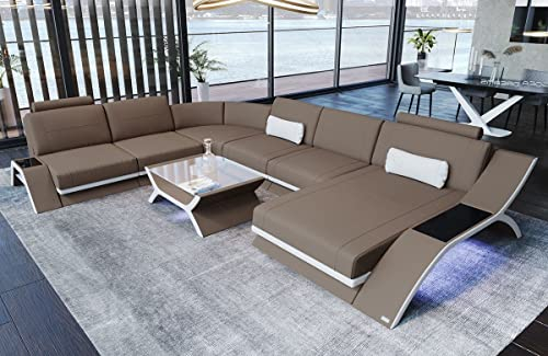 XXL Wohnlandschaft Calabria - mit LED Beleuchtung, verstellbare Kopfstützen, Recamiere/Mikrofaser/Ausrichtung wählbar (Ottomane rechts, Weiss-Taupe)