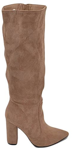 Malu Shoes Stivale donna alto rigido in camoscio taupe fango tacco largo liscio linea basic a punta moda altezza ginocchio zip (40 EU)