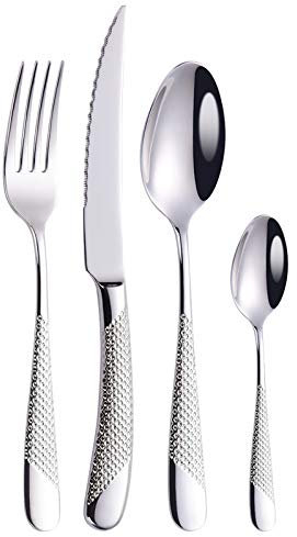 Servizio da Tavola 24 Pezzi Servizio di Posate in Acciaio Inossidabile 18/10 for 6 Persone, Placcato Argento Con Finiture Oro Argento, Set di Posate Servizio da Tavola