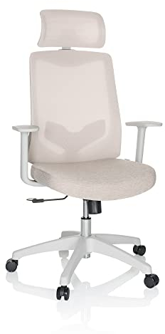 hjh OFFICE Bürostuhl MIKEO W Stoff Drehstuhl mit Lordosenstütze, Kopfstütze höhenverstellbar, Netzrücken, Beige 751011