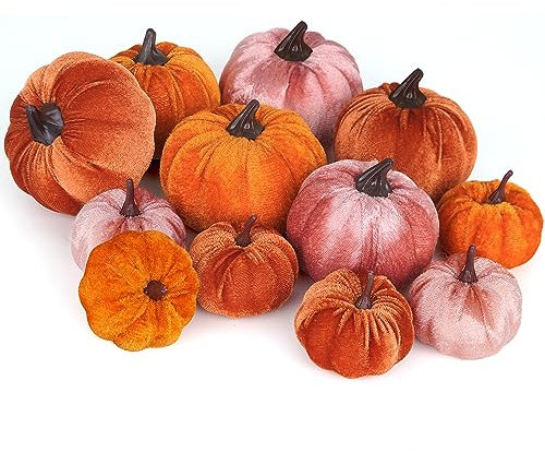 Ywlake 12 Pcs Artificial Pumpkins Assorted Sizes Fake Fabric Harvest Pumpkin Set Orange Brown Pink Foam Pumpkin for Fall Autumn Thanksgiving Halloween Decoration