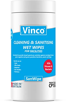 Vinco-SanWipe Cleaning & Sanitising Wet Wipes | 200 Wipes Per Tub - wipes for around the house and garage - for hands and surfaces | Anti-bac & Anti-viral 200 Multi-Use