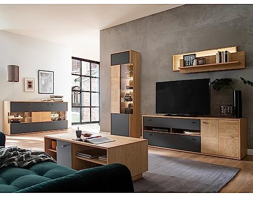 Lomadox Wohnzimmermöbel Set Wohnwand Eiche Bianco teilmassiv 5-teilig Modern, 1 Sideboard, 1 Vitrine, 1 Wandboard, 1 TV-Lowboard, 1 Couchtisch inkl. LED-Beleuchtung