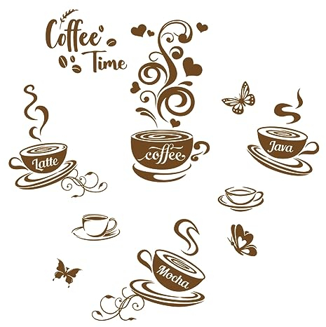 SUPERDANT Coffee Time Decals Brown Coffee Theme Wall Stickers Coffee Cup Stickers Decor Coffee Cup Coffee Beans Wall Decor Butterflies Coffee Bar Restaurant Kitchen Decor Wall Sticker Vinyl Transfer