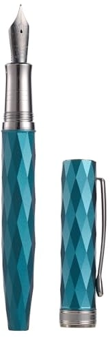 HONG DIAN N11 Fountain Pen, Titanium-Coated Black Fine Soft Nib, Peacock Blue & Lozenge Geometric Design with Metal Case Set