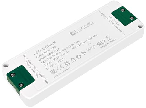 Lacasa 12V 5A LED Trafo Transformator, 1-60W Netzteil Treiber 230V auf 12V, Kein Flimmern Konstante Spannung Niedervolttrafo Adapter für Streifen, MR16 GU5.3 MR11 G4 Lampen Halogen