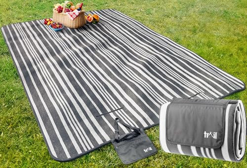 Trail Extra Large Picnic Blanket, Soft Fleece Rug, Waterproof Backing, Foam Insulation, Fleecy Top, Parasol Slit, Peg Points, Cover with Strap, Portable Camping Garden Beach Mat (Grey / 3m x 2m)