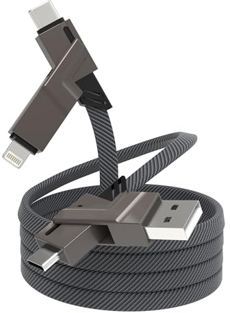 4 in 1 USB C and Lightning Cable Convertible Metal Plug, 6.5FT Flat Nylon Braided Multi Charger Cord 60W Fast Charging & Data Sync for iPhone Samsung iPad Laptop, Support Apple Carplay & Android Auto