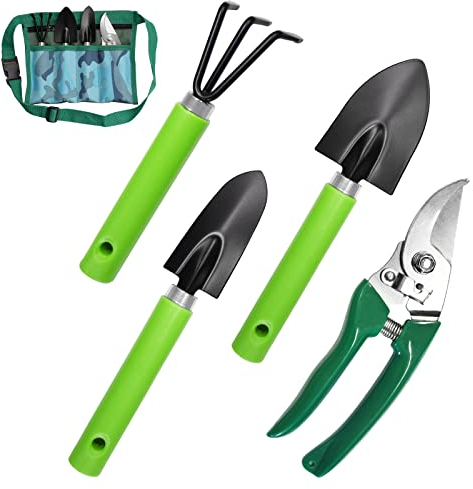 Gartengeräte Set Gartenwerkzeug, 4 in 1 Gartenwerkzeug Set mit Tasche Edelstahl Gartenschere Pflanzkelle Unkrautstecher Harke Unkrautgabel Spitzschaufel