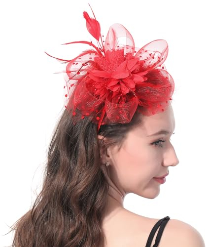 Ladiery Damen Fascinators Hut für Tea Party Mesh Blume Feder Perlen Kentucky Derby Hüte mit Stirnband und Clip für Mädchen