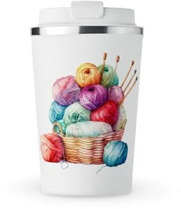 MAXIKIWI - Insulated Double Walled, Leakproof Stainless Steel Mug, Coffee or Tea Travel Tumbler with Lid, Keep Drinks Hot and Cold - Crochet Knitting Watercolor - 350ml