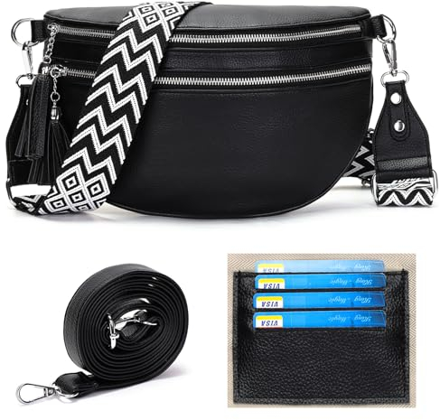 LANXINGLUO bauchtasche damen schwarz umhängetasche damen mittelgroß crossbody bag damen Mit Kreditkartenfach und 2 Schultergurten gürteltasche damen