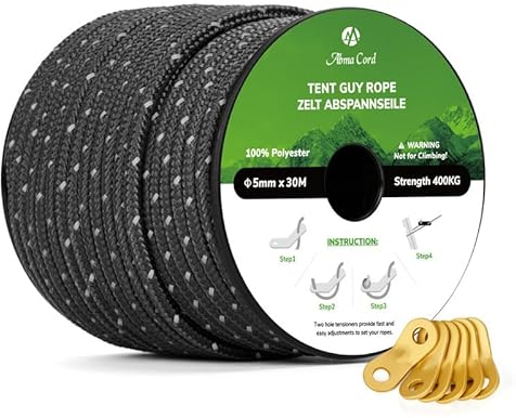 Abma Cord Abspannseile Zeltschnur mit 6 Stück Seilspanner 5mm 30M Zeltseil für Camping, Zelte, Sonnensegel, Vorzelt - Reflektierende Schwarz