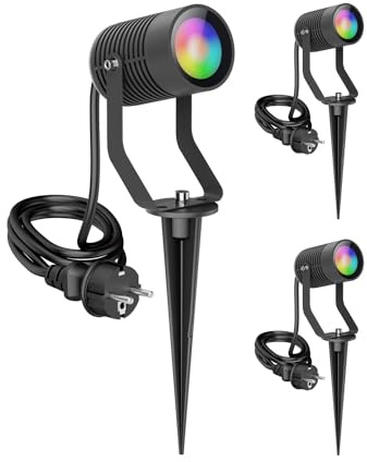ledscom.de 3x Gartenstrahler SHINGA mit Erdspieß für außen, IP65, Stecker, anthrazit, inkl. GU10 RGB Lampe, smart, 473lm, warmweiß - kaltweiß