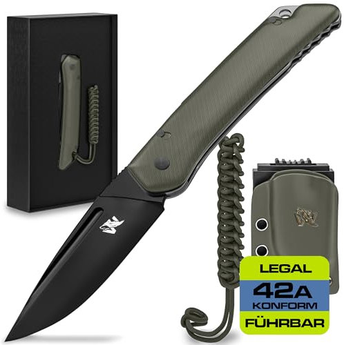 Wolfgangs CULTRO Zweihandmesser Klappmesser aus D2 Stahl und Ebenholz-Griff - Legales Taschenmesser für Outdoor Survival - Mit Leder Holster