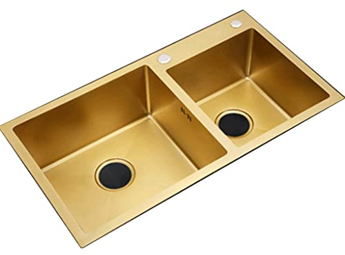 LAMEDOAT Doppelschüssel, 304 Edelstahl, Gold, Doppelschüssel für die Küche, Gold mit Abtropfgestell, Einbauküche (Farbe: Gold, Größe: 80 x 45 cm)