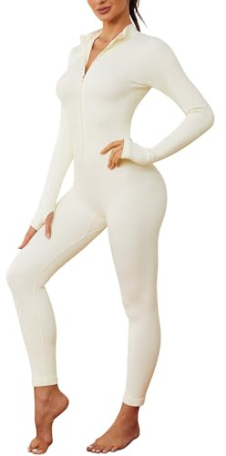 Nadeer Sport Jumpsuit Damen Langarm mit Reißverschluss | Einteiler Yoga Bodysuit, V-Ausschnitt, Daumenschlaufe, Rib Stoff Stretch, Slim Fit für Gym