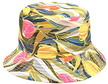 FGUUTYM Regenhut Kleinkind Hut mit runder Krempe und kariertem Stoff für Männer und Frauen, Bergsteigen, Outdoor-Fischerhut, Sonnenblende, doppelseitig Sonnenhut Pferdeschwanz (Yellow, M)