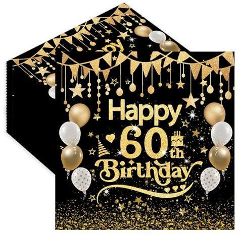 EVYIENEN Servietten 60. Geburtstag, 40 Stück Schwarz Gold, 33x33cm, Tischdekoration, Papierservietten für Mann Frau Geburtstag Feiern Party Jubiläum