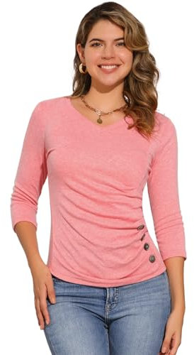 Allegra K Women's V Neck Blouse 3/4 Sleeves Solid Knitted Buttons Decor Ruched Top Coral Pink M