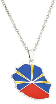 XIAFH Collier avec pendentif carte de l'île de la Réunion France et drapeau pour femmes hommes acier inoxydable collier réglable bijoux ethniques cadeaux