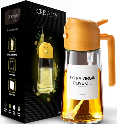 CREADY | Ölsprüher Für Speiseöl 470ml Olivenöl Flasche | 2-in-1 Ölspender und Ölsprüher | Öl Sprühflasche, Ölspray Zum Kochen | Olivenölsprüher für Salat | Olivenöl Spray | Sprühflasche für Speiseöl