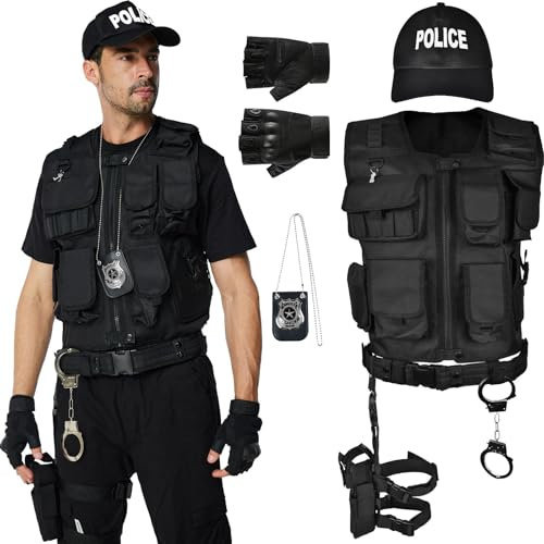 Ulikey SWAT Gilet Tactique Adultes, Deguisement SWAT Adulte Policier, Costume de Policier, étui de Jambe, Ceinture, Gilet SWAT pour Hommes Halloween Carnaval, Fête à Thème