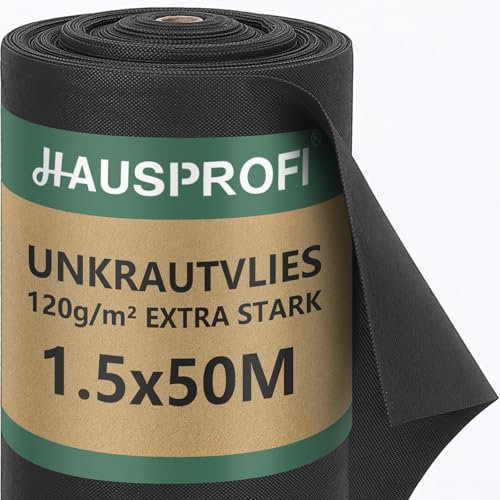 HAUSPROFI Premium Unkrautvlies 120g/m² - Hochdichte Unkrautfolie Wasserdurchlässig & Reißfest - UV-Stabil Gartenvlies aus Recycelbar PP - Umweltfreundlich & Knitterfrei, 50m x 1,5m