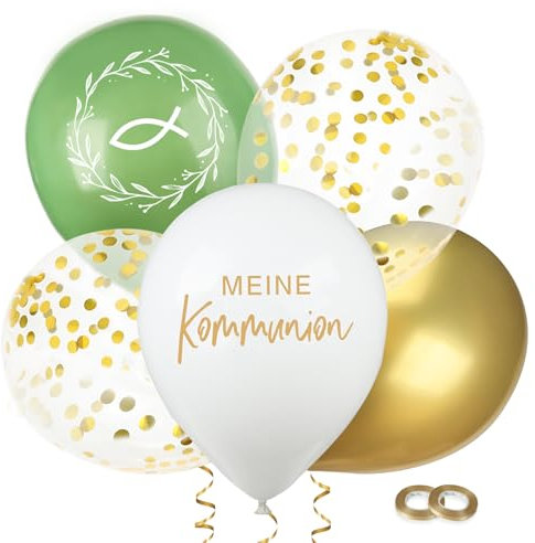 BETESSIN 24 Stück Kommunion Luftballons Grün Gold Weiß - 12 Zoll Meine Kommunion Ballons aus Latex - Erstkommunion Deko für Junge und Mädchen