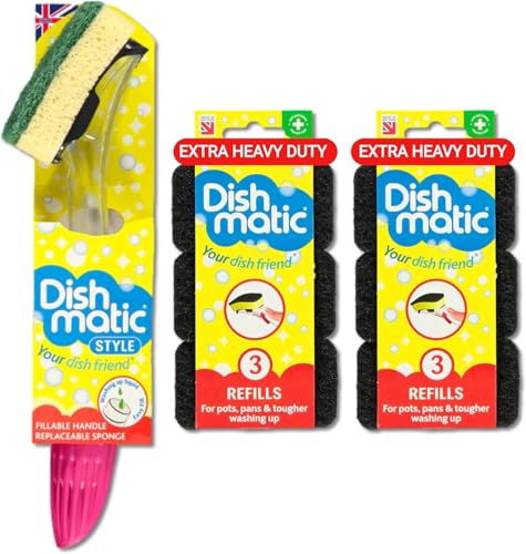 ORNACH® Sponges Washing Up | Dish-matic Refill Sponges | Washing Up Sponge | Soap Dispensing Magic Sponge Handle | Kitchen Sponge, Scourers Sponge, Bathroom Sponge Handle 1 x & 7 Heavy Duty Sponge