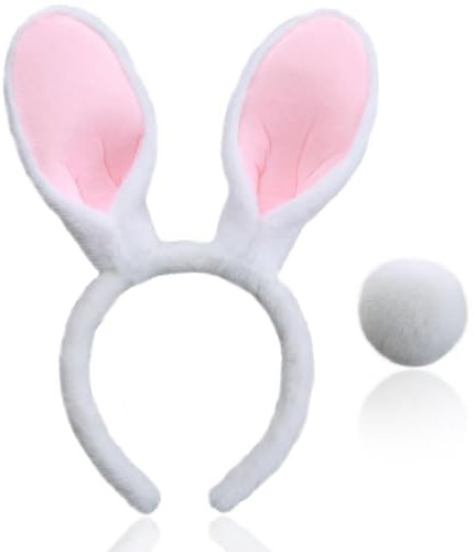 YUSHWENPTY Accessoires Déguisement Lapin 2 Pièces Serre Tete Paques Oreilles de Lapin Cosplay Queue de Lapin Deguisement Pour Pâques Fête (Blanc)