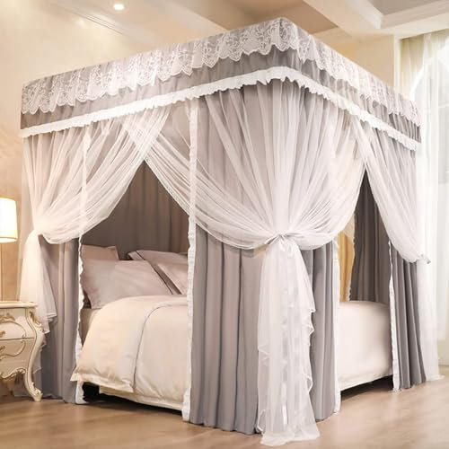 Betthimmel, Moskitonetz für California-King-Size-Bett, 4 Eckpfosten, Netzvorhang für Mädchen, Erwachsene, Kinderzimmer, einfarbig, Grau